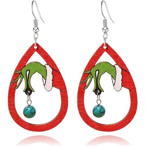 Christmas Tree Earring for Women Handmade Wooden Teardrop Dangle Earrings Red Green Christmas Jingle Bell Earrings Christmas New Year Party Winter Holiday Jewelry Gift