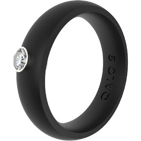 QALO Men & Women's Rubber Silicone Ring, FR Classic White Cubic Zirconia in Silver Gemstone Silicone Rubber Wedding Band, Breathable, Durable Engagement Silicone Ring, 9mm wide, 2mm thick, Multi Colors & Sizes