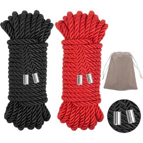 2-Pack Soft Silk Rope with Storage Bag, Twisted Trim Cord 32 Feet/7MM Rope Nylon Twisted Cord Trim Thread String Rope Satin Shiny Cord (Wine red+Black)