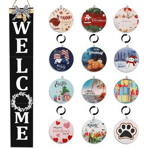 Welcome Sign for Front Porch– 47inch with 12 Wooden Interchangeable Vertical Home Wall Decor(6 double sided disks), Standing and Hanging Farmhouse Outdoor Indoor Decor Welcome Door Sign for in Kuwait