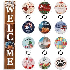 Welcome Sign for Front Porch– 47inch with 12 Wooden Interchangeable Vertical Home Wall Decor(6 double sided disks), Standing and Hanging Farmhouse Outdoor Indoor Decor Welcome Door Sign for