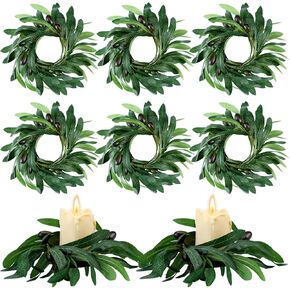 Dingion 6 Pcs Olive Leaf Wreath Candle Ring Wreath 6 Inch Artificial Pillars Wedding Candle Wreaths Green Olive Candle Ring Ornament for Farmhouse Table Decoration Party Table Centerpiece