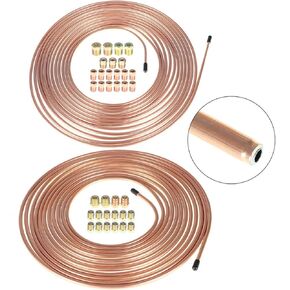 Upgraded Flexible 25 Ft. 1/4 & 3/16 Brake Line Tubing Kit Copper Plating Tube Roll (Includes 16 & 16 Fittings)