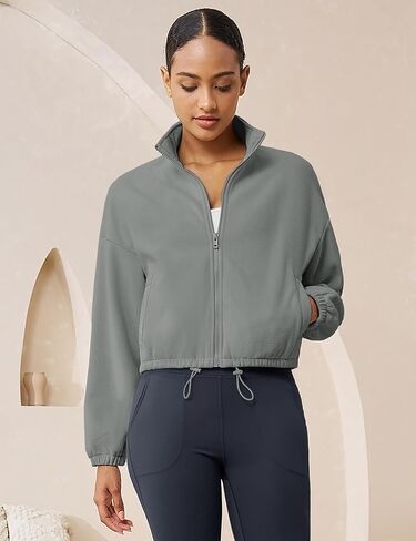 MAGCOMSEN Women's Full Zip Fleece Jacket Cropped Warm Winter Coats with Pockets Stand Collar Workout Top Drawstring Hem in Saudi Arabia