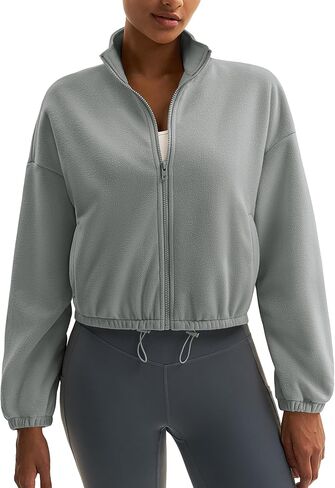 MAGCOMSEN Women's Full Zip Fleece Jacket Cropped Warm Winter Coats with Pockets Stand Collar Workout Top Drawstring Hem in Saudi Arabia