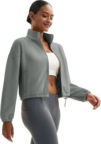 MAGCOMSEN Women's Full Zip Fleece Jacket Cropped Warm Winter Coats with Pockets Stand Collar Workout Top Drawstring Hem in Saudi Arabia
