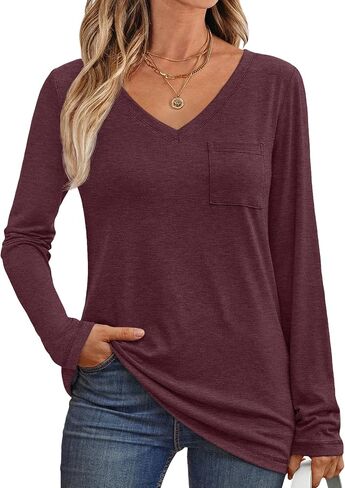 AUTOMET Womens Long Sleeve Shirts V Neck Casual Tops with Pockets Loose Dressy Basic Fall Outfits Clothes Winter Trendy 2025 in Kuwait
