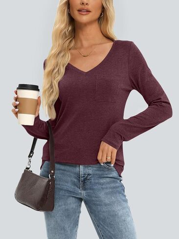 AUTOMET Womens Long Sleeve Shirts V Neck Casual Tops with Pockets Loose Dressy Basic Fall Outfits Clothes Winter Trendy 2025 in Kuwait