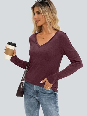 AUTOMET Womens Long Sleeve Shirts V Neck Casual Tops with Pockets Loose Dressy Basic Fall Outfits Clothes Winter Trendy 2025 in Kuwait