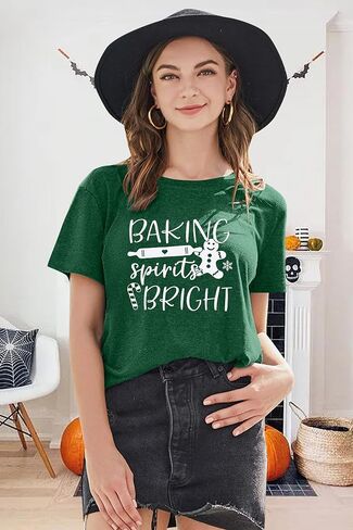 تي شيرت نسائي من Baking Spirits Bright لعيد الميلاد تي شيرت كاجوال بأكمام قصيرة تي شيرت علوي in Kuwait