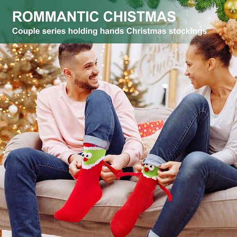 Funny Christmas Couple Holding Hands Socks, Novelty Xmas Magnetic Mid-Tube Socks Hand in Hand Socks for Couples Friends in Kuwait