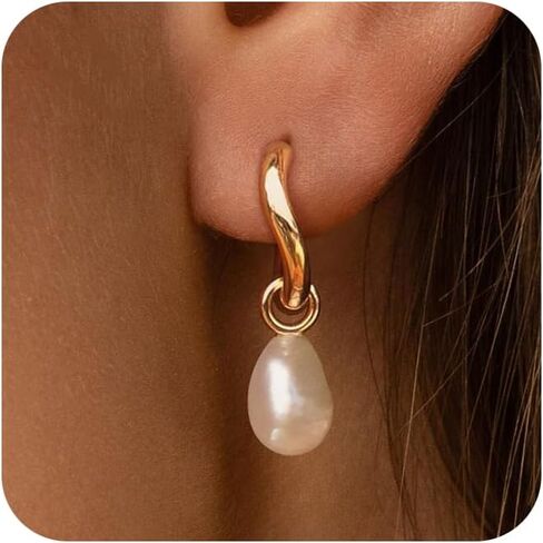 Pearl Earrings for Women Trendy, Gold Pearl Hoop Earrings for Women 14K Gold Plated Pearl Hoop Huggie Drop Earrings Wedding Jewelry Gifts for Women in Saudi Arabia