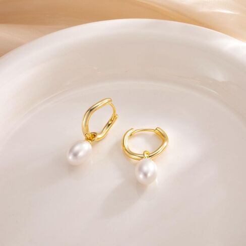 Pearl Earrings for Women Trendy, Gold Pearl Hoop Earrings for Women 14K Gold Plated Pearl Hoop Huggie Drop Earrings Wedding Jewelry Gifts for Women in Saudi Arabia