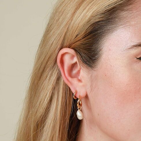 Pearl Earrings for Women Trendy, Gold Pearl Hoop Earrings for Women 14K Gold Plated Pearl Hoop Huggie Drop Earrings Wedding Jewelry Gifts for Women in Saudi Arabia