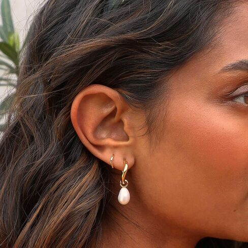 Pearl Earrings for Women Trendy, Gold Pearl Hoop Earrings for Women 14K Gold Plated Pearl Hoop Huggie Drop Earrings Wedding Jewelry Gifts for Women in Saudi Arabia