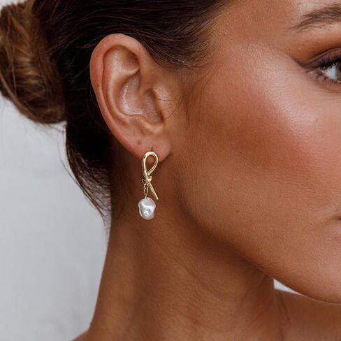 Pearl Earrings for Women Trendy, Gold Pearl Hoop Earrings for Women 14K Gold Plated Pearl Hoop Huggie Drop Earrings Wedding Jewelry Gifts for Women in Saudi Arabia