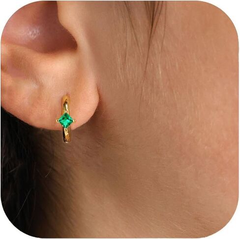 Gold Earrings for Women Trendy Emerald Birthstone Earrings Dainty Small Gold Huggie Hoop Earrings 14k Gold Plated Earrings Cubic Zirconia Earrings Birthday Gifts for Women Gold Jewelry in Saudi Arabia