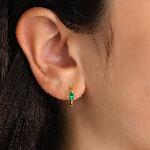 Gold Earrings for Women Trendy Emerald Birthstone Earrings Dainty Small Gold Huggie Hoop Earrings 14k Gold Plated Earrings Cubic Zirconia Earrings Birthday Gifts for Women Gold Jewelry in Saudi Arabia