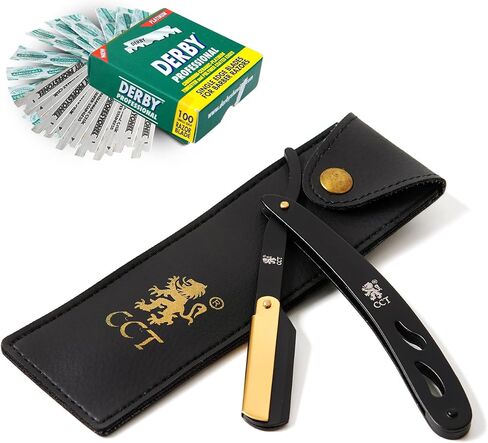 The Cambridge Cutthroat® Straight Edge Razor Kit with 10 Blades Missanda Hardwood & Stainless Steel Professional Barber Cut Throat Razor, Premium Mens Single Blade Razor Shaver, Moustache & Beard Shaper Trimmer, Leather Travel Pouch Included in Kuwait