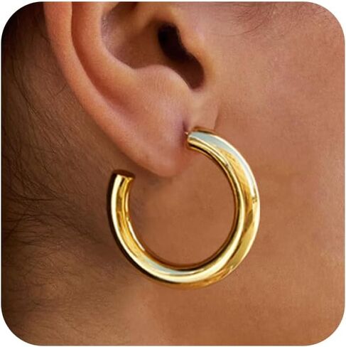 5MM Thick Gold Hoops Non Tarnish: Lightweight 14K Gold Plated Chunky Gold Hoop Earrings for Women Open Tube Hoops Trendy Minimalist Hypoallergenic Gold Jewelry 20/30/35/40MM in Kuwait