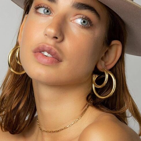 5MM Thick Gold Hoops Non Tarnish: Lightweight 14K Gold Plated Chunky Gold Hoop Earrings for Women Open Tube Hoops Trendy Minimalist Hypoallergenic Gold Jewelry 20/30/35/40MM in Kuwait