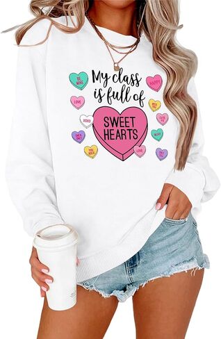 سويت شيرت نسائي لعيد الحب للمدرس، سويت شيرت لطيف ومضحك لعيد الحب، بلوفر برسومات قلب الحلوى in Kuwait