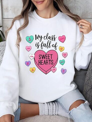 سويت شيرت نسائي لعيد الحب للمدرس، سويت شيرت لطيف ومضحك لعيد الحب، بلوفر برسومات قلب الحلوى in Kuwait
