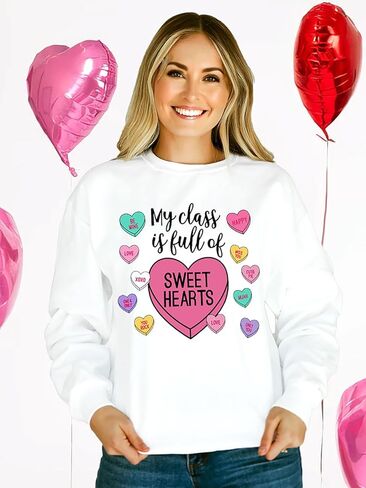 سويت شيرت نسائي لعيد الحب للمدرس، سويت شيرت لطيف ومضحك لعيد الحب، بلوفر برسومات قلب الحلوى in Kuwait