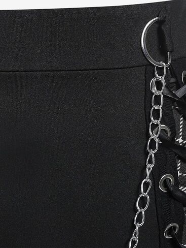 ROSE GAL Women's Plus Size Mini A-Line Gothic Skirt Casual Plain Chain Detail High Waisted Short Stitching Plaid Pleated in Kuwait