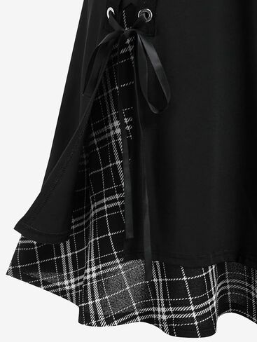 ROSE GAL Women's Plus Size Mini A-Line Gothic Skirt Casual Plain Chain Detail High Waisted Short Stitching Plaid Pleated in Kuwait