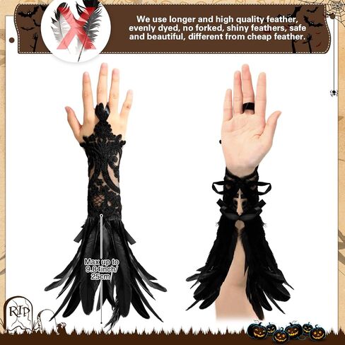 3 أزواج من قفازات Mepase النسائية الطويلة من الدانتيل ذات الريش الأسود لحفلات الزفاف والهالوين in Kuwait