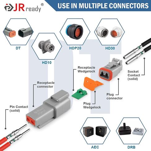 JRready ST6451 Deutsch Connector Pins, Deutsch Solid Pin, Deutsch Contact Kit Size 8 12 16 20 Male Pins and Female Sockets Support Wire Guage 22-8AWG for DT, DTM, DTP, DTHD Series Connectors in Kuwait
