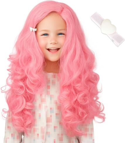 Long Curly Pink Wig for Costume Pink Hair Wig with Hairpin for Halloween Party in Kuwait