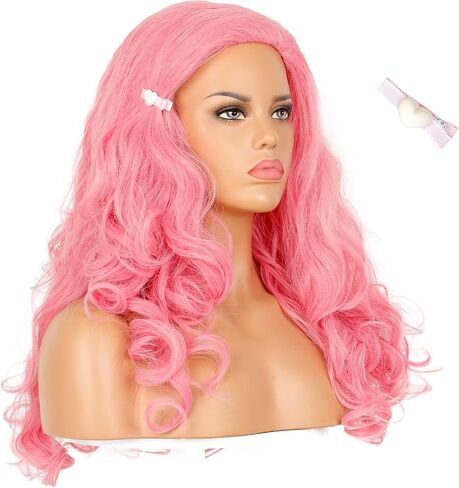 Long Curly Pink Wig for Costume Pink Hair Wig with Hairpin for Halloween Party in Kuwait