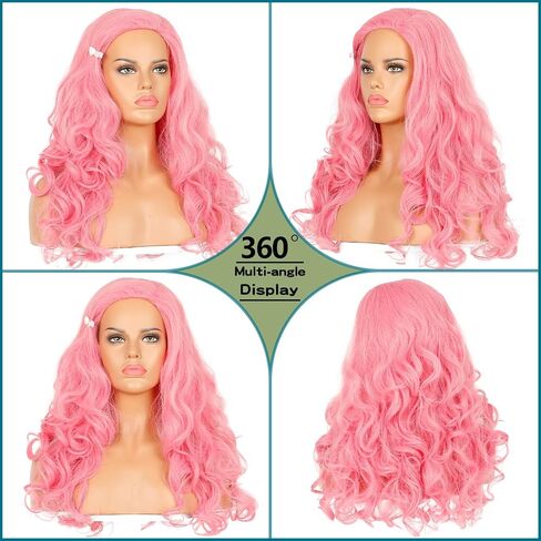 Long Curly Pink Wig for Costume Pink Hair Wig with Hairpin for Halloween Party in Kuwait