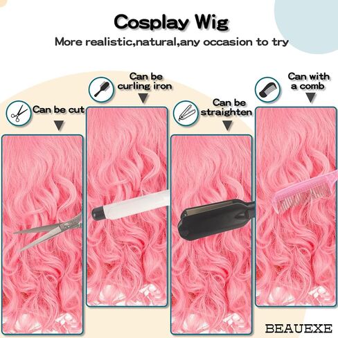 Long Curly Pink Wig for Costume Pink Hair Wig with Hairpin for Halloween Party in Kuwait
