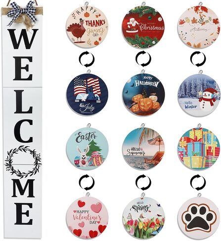 Welcome Sign for Front Porch– 47inch with 12 Wooden Interchangeable Vertical Home Wall Decor(6 double sided disks), Standing and Hanging Farmhouse Outdoor Indoor Decor Welcome Door Sign for in Kuwait