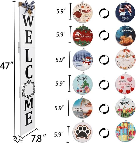 Welcome Sign for Front Porch– 47inch with 12 Wooden Interchangeable Vertical Home Wall Decor(6 double sided disks), Standing and Hanging Farmhouse Outdoor Indoor Decor Welcome Door Sign for in Kuwait
