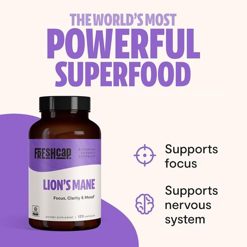 FreshCap Lions Mane Supplement Capsules - Ayurveda Premium USDA Organic Dual Extracted Mushrooms - Third Party Tested - Whole Fruiting Body - Non-GMO, Gluten Free, Vegan, for Memory & Immunity (120ct) in Saudi Arabia