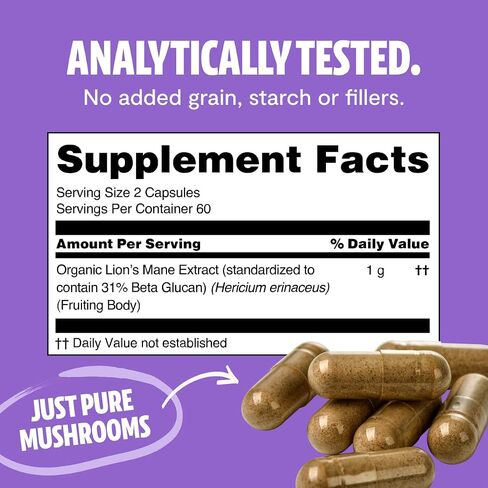 FreshCap Lions Mane Supplement Capsules - Ayurveda Premium USDA Organic Dual Extracted Mushrooms - Third Party Tested - Whole Fruiting Body - Non-GMO, Gluten Free, Vegan, for Memory & Immunity (120ct) in Saudi Arabia
