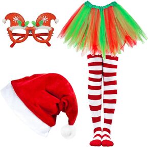 QLINLEAF Christmas Costume Set Christmas Hat and red green Tutu Skirt Red white Striped stockings for Women XmasDress Party Cosplay