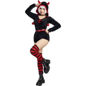 MEOWCOS Women Bodysuit Onesie Pajamas Gothic Halloween Romper Hooded Bodysuit with Belt Choker