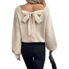 Women's Backless Bow Tie V Neck Pullover Sweaters Fall Long Sleeve Drop Shoulder Knit Chunky Sweaters