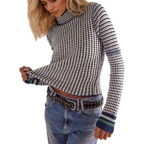 MISSACTIVER Women Casual Long Sleeve Mock Neck Plaid Sweaters Color Block Slim Fit Knitted Pullovers Tops Fall Winter 2024