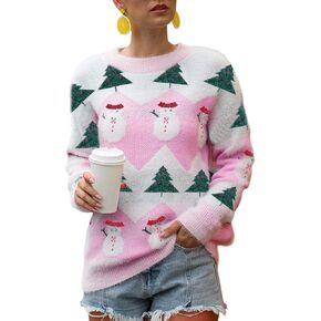 FLOYU Women Christmas Sweater Reindeer Knit Sweater Christmas Sweater New Year Crew Neck Knit Christmas Pullover