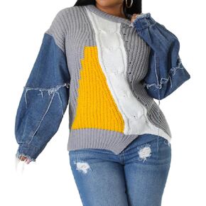 Vaceky Womens Sweaters Denim Sleeve Color Block Crewneck Pullover Knit Tops