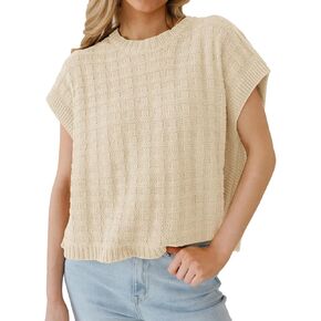 Womens Summer Tops Cap Sleeve Sweater Ribbed Crew Neck Crop Plaid Tank Top Knit Casual 2025 Fashion Pullover Vest