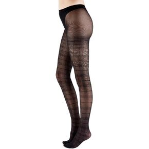 Pretty Polly Women's Tartan Pattern Tights- sustainable yarn tight with checkered pattern, sheer black, Black (Black), One Size (Fits XS-M)