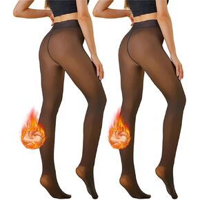LUCKELF 2 Pairs Fleece Lined Tights for women, Fake Translucent Skin Colored Tights Thermal Leggings Winter Tights