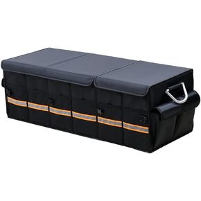 Oversized Collapsible Car Trunk Organizer with Reflective Strips, Durable 1680D Oxford Fabric, Large Capacity Storage Bin with Aluminum Handles, Anti-Slip Bottom, Black (XL: 90 * 35 * 30m)